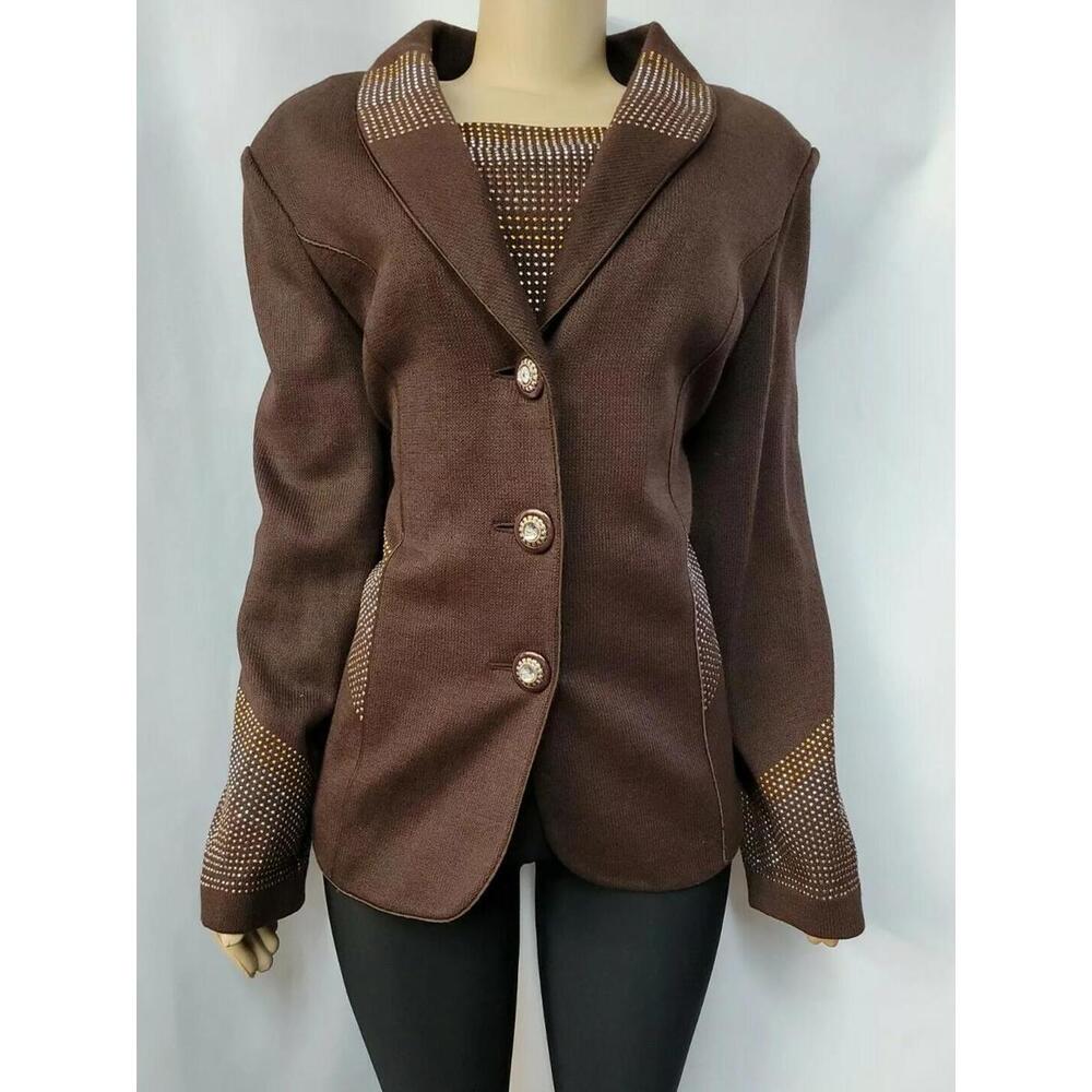Donna Vinci Knits Women's Sz 18 Blazer Sweater Jacket Dark Brown Rhinestones #C